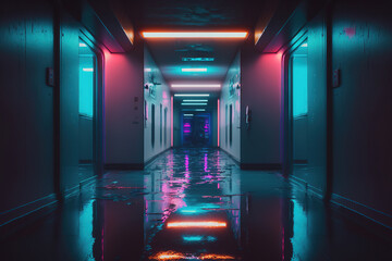hallway with neon glowing light.Generative Ai