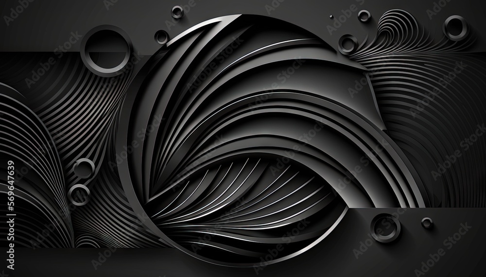 Poster a black and white abstract background with water drops on the side of the image and a wavy pattern o