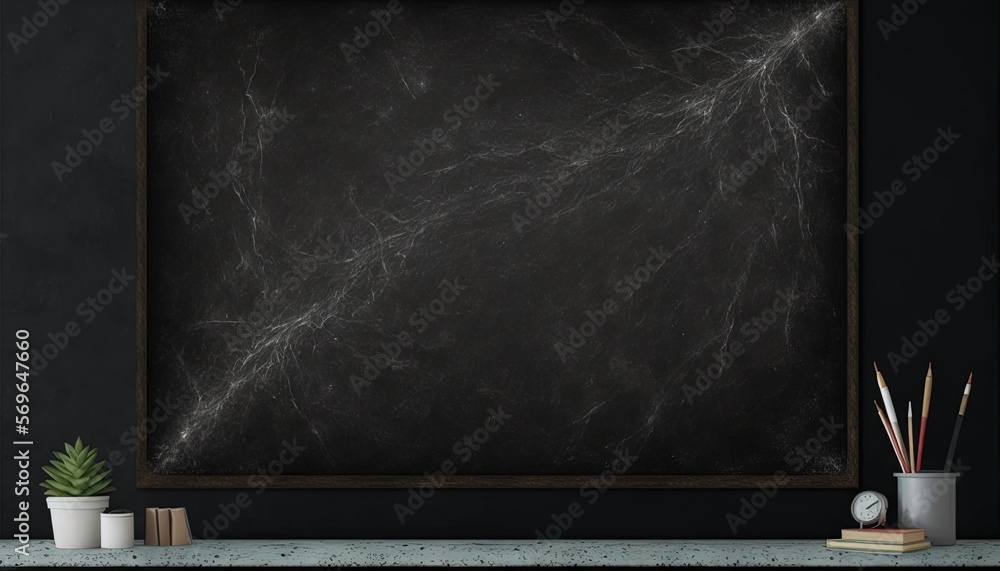 Poster a black chalkboard with a wooden frame on a table with a potted plant and a clock on the side of the