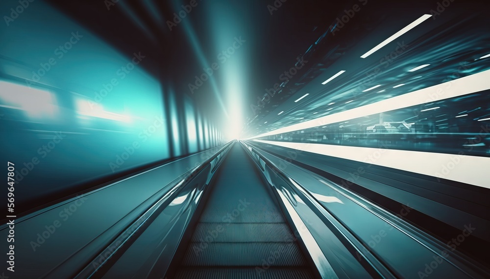 Poster an escalator in a subway station with motion blurry images of the escalator and the escalator in the