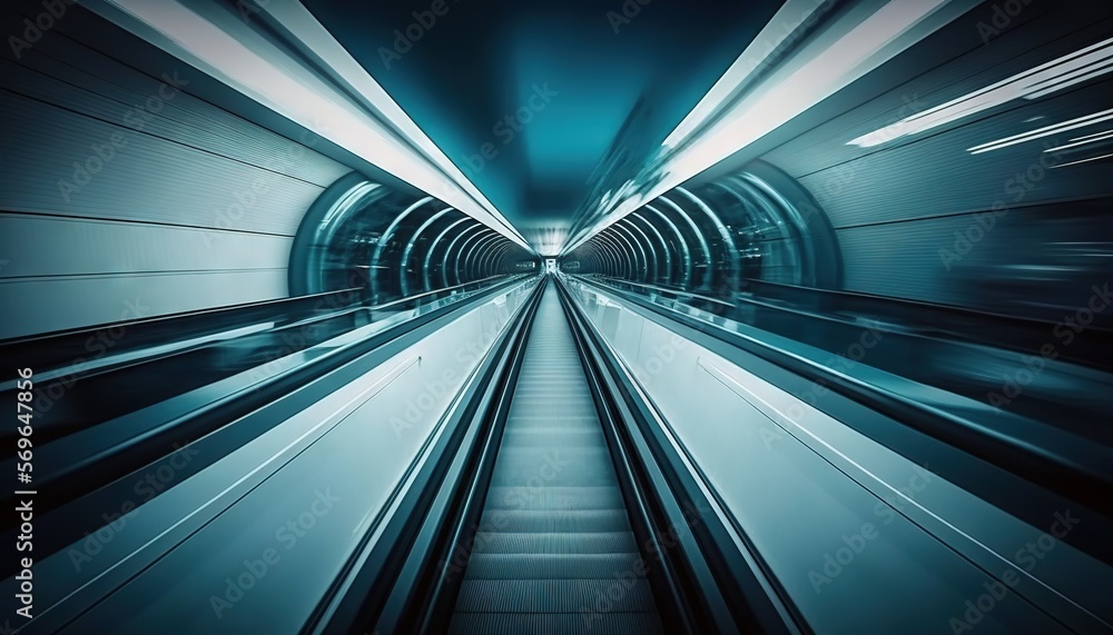 Poster an escalator in a subway station with motion blurry images of the escalators and the escalators goin