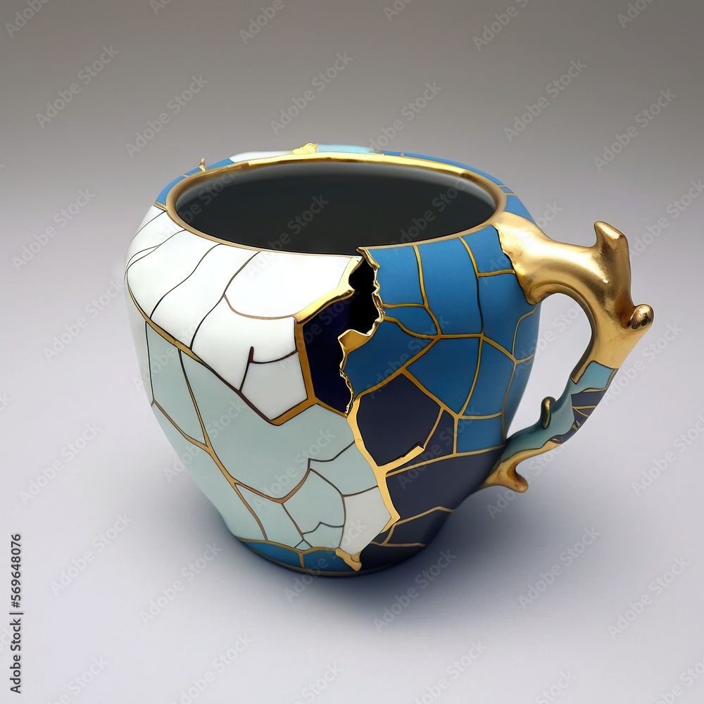 Poster a blue and white vase with a gold handle on a gray background with a white and blue design on the to