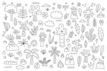 Large floral set of black hand drawn tropical plants, bushes, leaves, branches, mountains isolated on white. Collection of prosperity elements for design. Vector illustration.