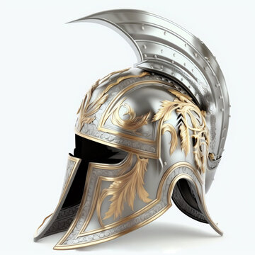 Armor warrior helmet design, metallic and shiny, isolated on white background.