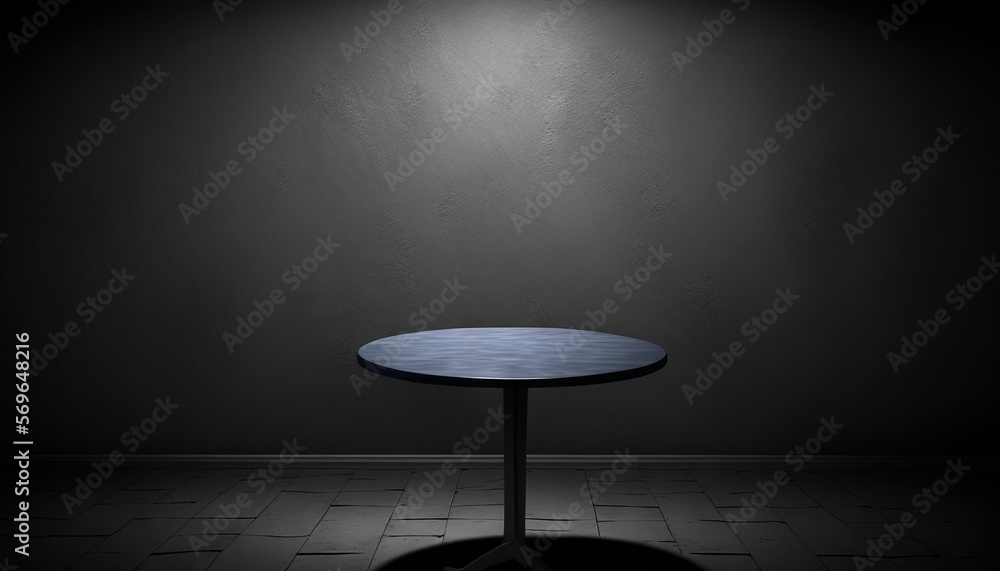 Poster a round table with a black top in a dark room with a light on the wall behind it and a black floor w