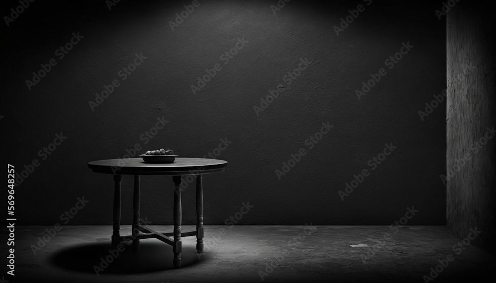 Poster a table with a bowl on top of it in a dark room with a light coming in from the wall behind it and a