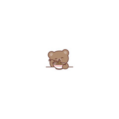 Cute brown bear eating ramen noodle cartoon, vector illustration