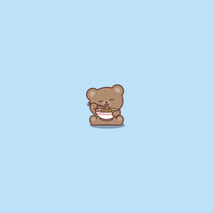 Cute brown bear with coffee waving paw cartoon, vector illustration