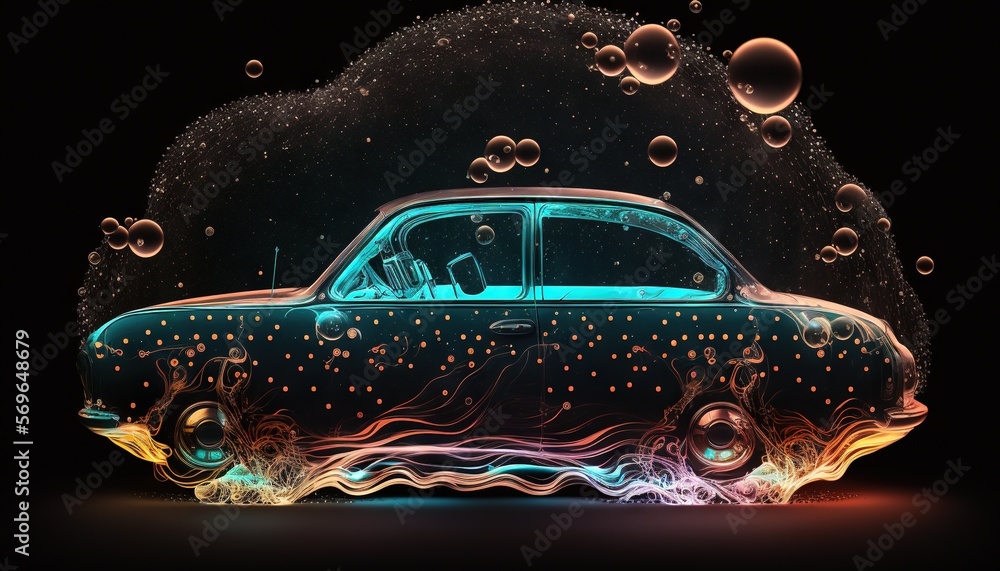 Poster a car with bubbles on it and a black background with a blue car in the middle of the image and a bla