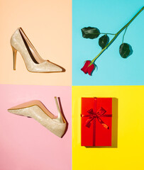 Contemporary minimal art collage. Valentine's Day or 8 March idea. Elegant beige woman shoes, rose flower and gift box. Fashion blogger, online store, sale concept. Colorful background.