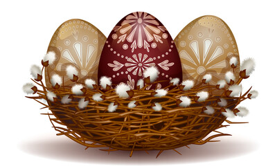 Empty bird's nest from blooming willow branches, traditional festive easter eggs in nest, design element for merry easter holiday