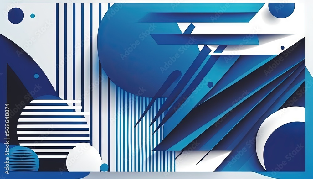 Poster a blue and white abstract painting with circles and lines on a white background with a blue circle a