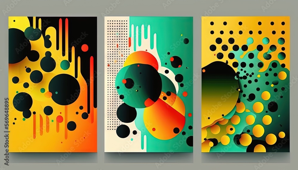 Poster a set of three abstract banners with circles and dots on a gray background with a black and yellow b
