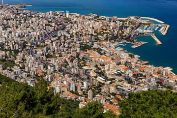 Lebanon. Jounieh. View of city and Jounieh Bay from Harrisa - obrazy, fototapety, plakaty
