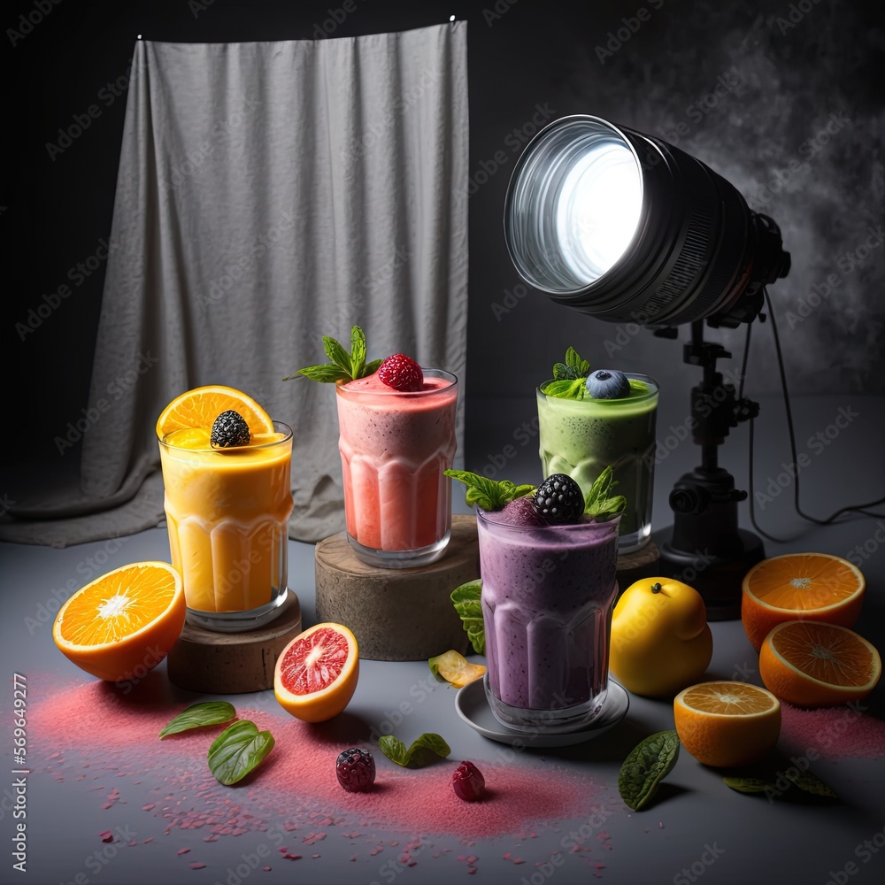 Poster a photo shoot of a variety of smoothies and fruit on a table with a camera and a light on the side o