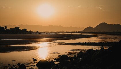 Digital art Beautiful Irrawaddy river landscape background view at dusk sunset generative ai