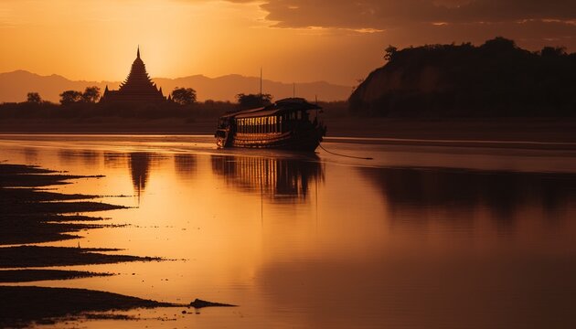 Digital art Beautiful Irrawaddy river landscape background view at dusk sunset generative ai