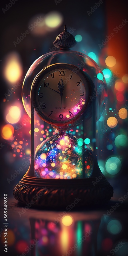 Poster a small clock with a colorful light in the back ground and a blurry background of lights in the back