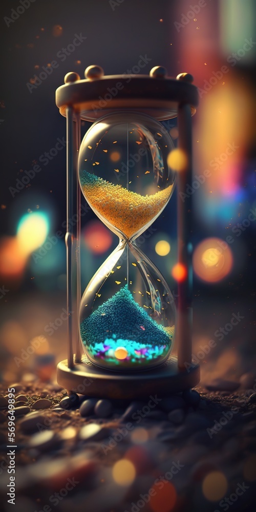 Poster  an hourglass with sand running through it on a table with a blurry background of boke of lights and boke of lights. Generative AI