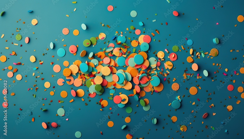 Poster a group of colorful confetti on a blue background with confetti scattered around it and a few more c