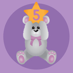 Pink Teddy Bear Birthday 5 years. Vector Illustration