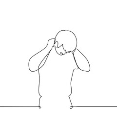 man lowered his head and massaged the back of his neck - one line drawing vector. concept self-massage, chondrosis and other problems with the neck and spine