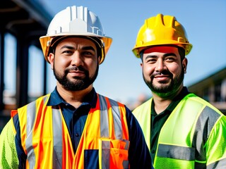 Man wearing hard hat on a construction site. Made with Generative AI.	