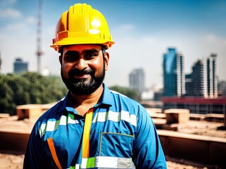 Man wearing hard hat on a construction site. Made with Generative AI.	