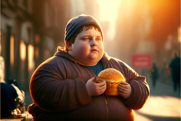 A very fat boy while holding a hamburger with his hands in the city - Generative AI
