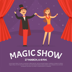 Advertisement Banner with Man Illusionist or Magician at Circus Performing on Stage or Arena Vector Template