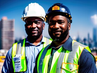 Fototapeta premium Man wearing hard hat on a construction site. Made with Generative AI. 