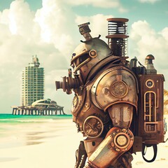 Plakat Portrait of a steampunk robot. An artistic abstract cyberpunk fantasy. Concept of a vintage robot. Generative AI Art