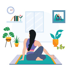 Young woman meditating doing yoga pose in the indoor background, Concept illustration for yoga, meditation, relaxation, recreation, healthy lifestyle.