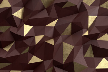 Low poly background in the form of leather brown and aged gold polygons. Wall decor. Elegant style. 3d illustration.