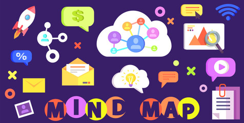 Modern technology, social media, communication in global computer networks. Mind map concept. Storage, protection and reproduction of information, laptop with infographics, comment reaction icons