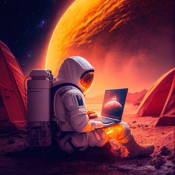 A Portrait Of An Astronaut In A Spacesuit Working On A Laptop. A High-tech Astronaut From The Future. The Concept Of Space Travel. Generative AI Art