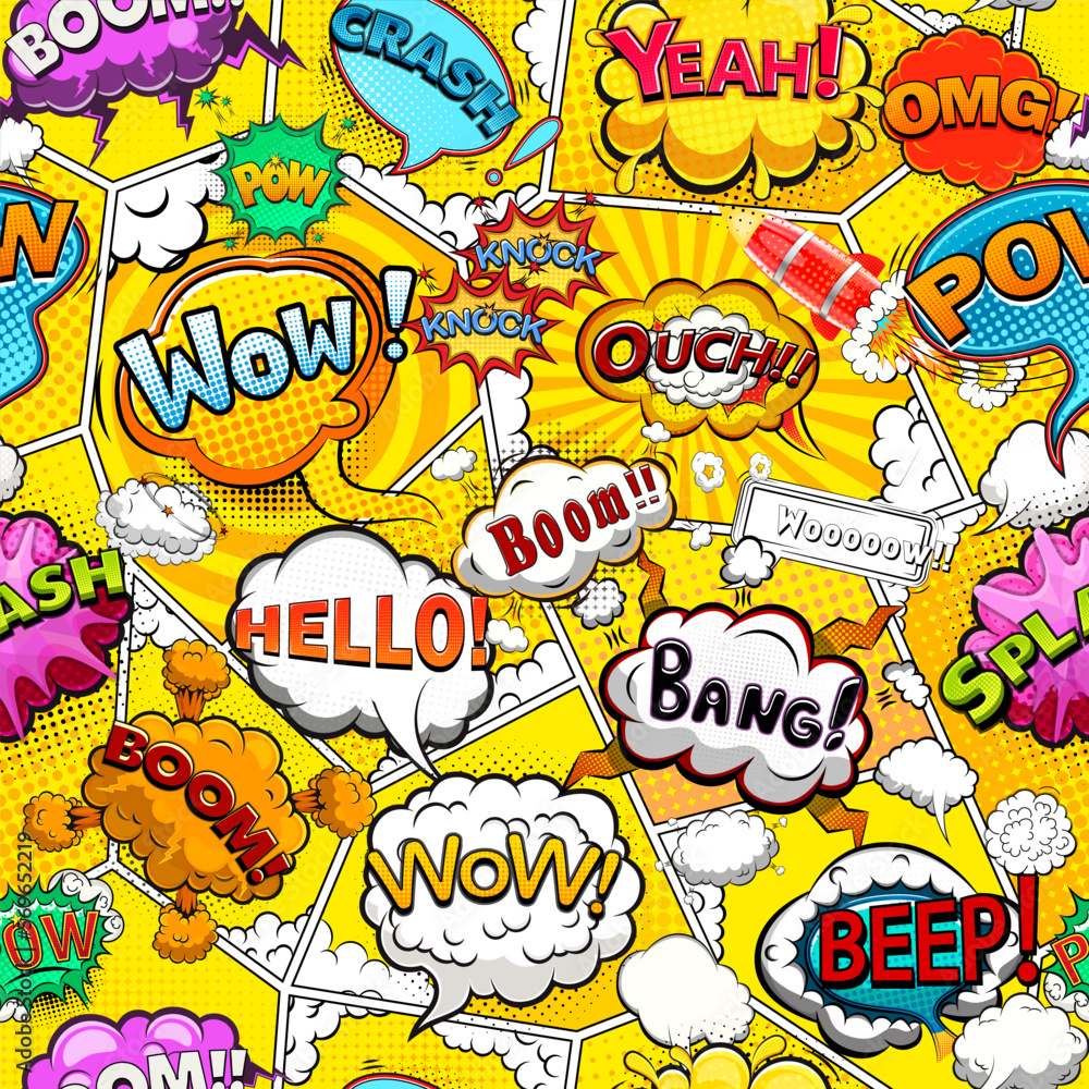 Wall mural comic book page divided by lines seamless pattern on yellow background with speech bubbles. vector i