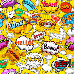 Comic book page divided by lines seamless pattern on yellow background with speech bubbles. Vector illustration
