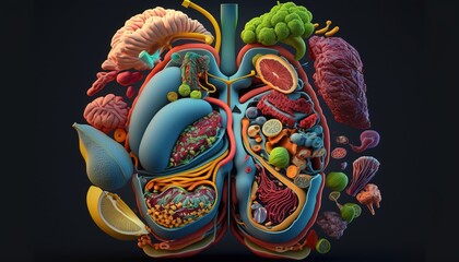 Anatomy of the Human digestive system with wholesome foods for specific organs concept for a healthy digestive system . 3d illustration of the medical concept. generative AI - obrazy, fototapety, plakaty