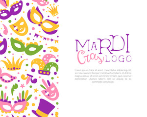 Bright Mardi Gras or Fat Tuesday Carnival Celebration with Mask and Feather Vector Card Template