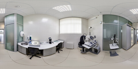 full seamless hdri 360 panorama inside interior of modern research medical laboratory or ophthalmological clinic with equipment  in equirectangular spherical projection