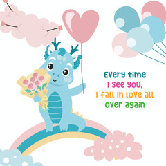 Colorful birthday card for children with a cute baby dragon theme. Vector file.