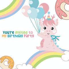Colorful birthday card for children with a cute baby dragon theme. Vector file.