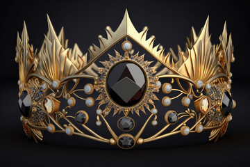 Crown of gold and precious stones on a dark uniform background. Head ornament, treasure, diadem. 3D illustration. (ai generartae)