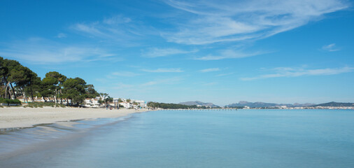Panoramic view of Majorca resort Cala Millor. Beach, holiday, resort and vacation scene.	