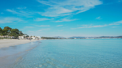 Panoramic view of Majorca resort Cala Millor. Beach, holiday, resort and vacation scene. - obrazy, fototapety, plakaty