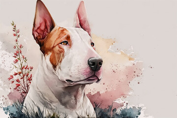 Realistic watercolor english pit bull terrier with watercolor stains background.AI generated.
