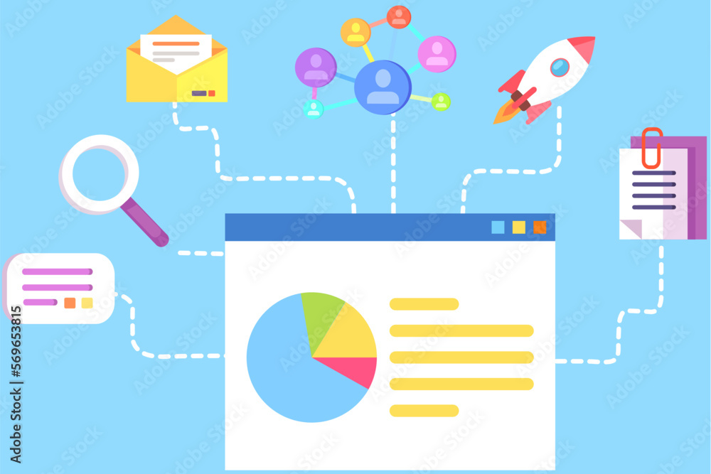 Aufkleber search engine optimization concept. analytics and analysis, development startup, diagram with statis