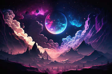 Abstract fantasy neon space landscape. Star nebulae, month and moon, mountains, fog. Unreal fantasy world. Silhouettes, horoscope, zodiac signs. 3D illustration. (ai generated)