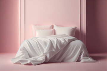 Fototapeta na wymiar A minimalist bedroom bed with white clean linens, comfy pillows and quilt on a pink delicate wall background, a copy place. Generative AI
